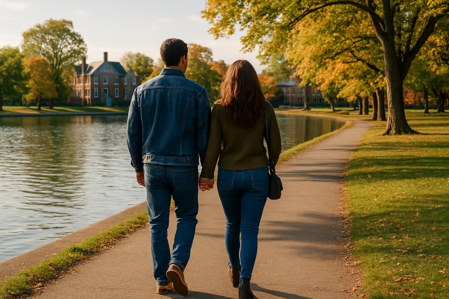 Couple walking a park path beside residential streets in a Buffalo neighborhood