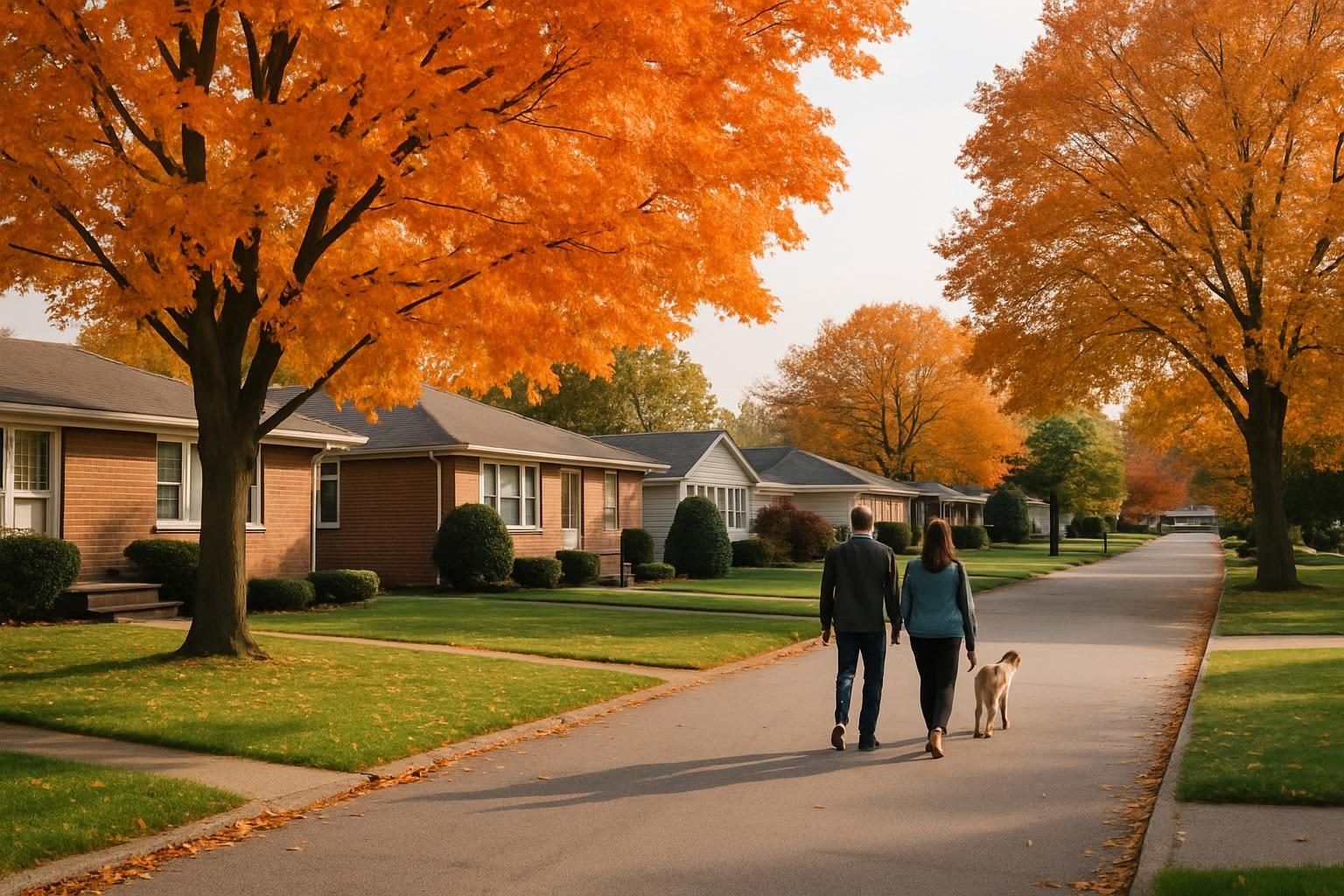 Autumn street lined with brick ranch homes and mature maple trees as a couple walks a dog