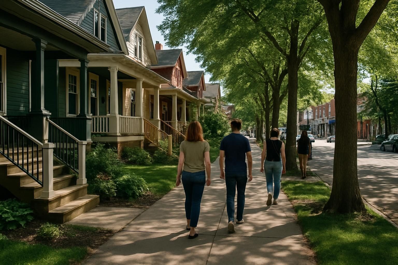 Tree-lined city street with older porch-front houses and people walking on the sidewalk