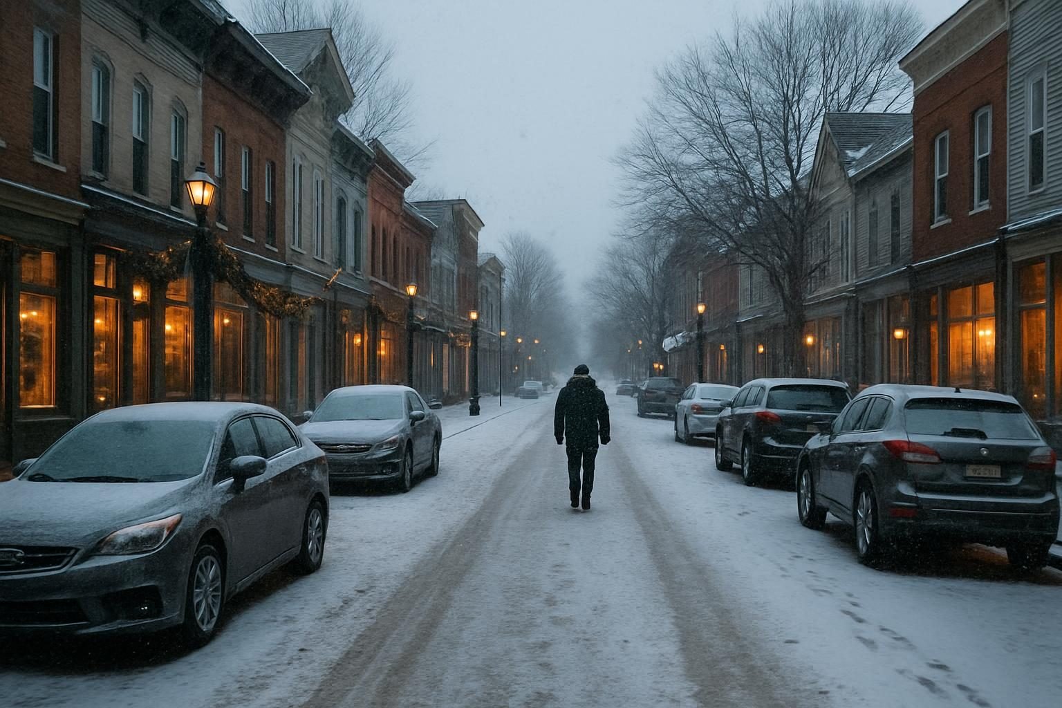 Small-town village street in a Buffalo suburb on a snowy afternoon