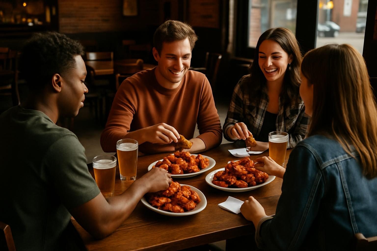 Group sharing platters of wings at a casual Buffalo tavern table