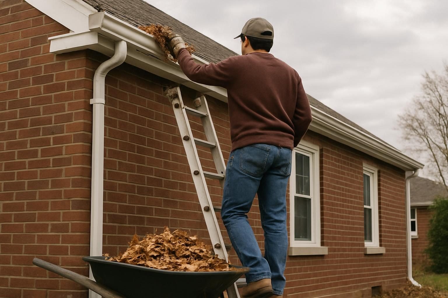Homeowner cleaning gutters on a brick house in Western New York