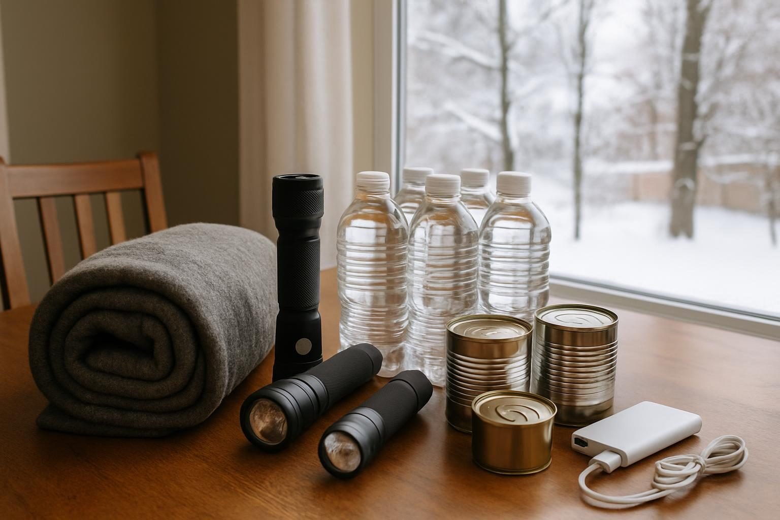 Winter power outage emergency supplies laid out on a kitchen table