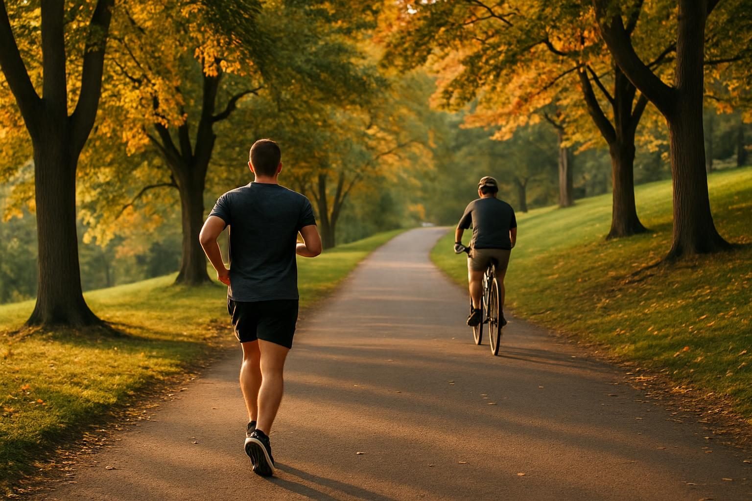 Runner and cyclist on a tree-lined park path in autumn
