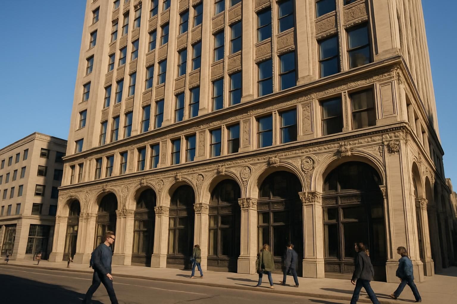 Ornate historic downtown building facade viewed from the sidewalk