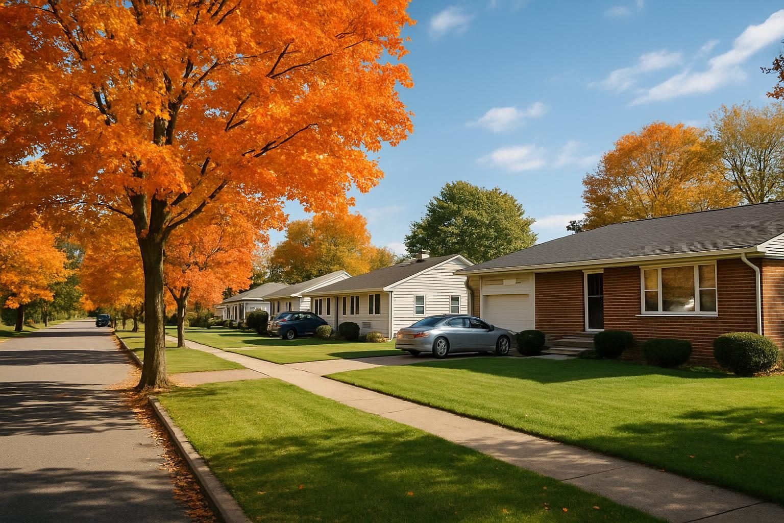 Suburban Amherst street with mid-century homes and mature trees