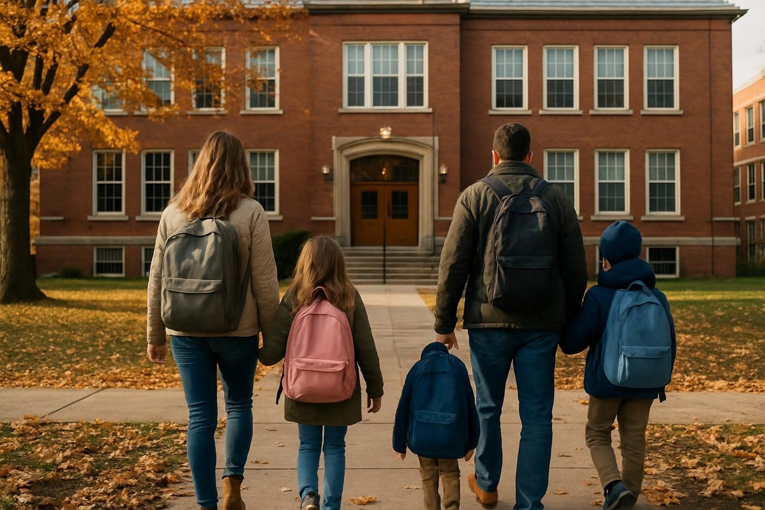 Family walking toward a school on an autumn morning