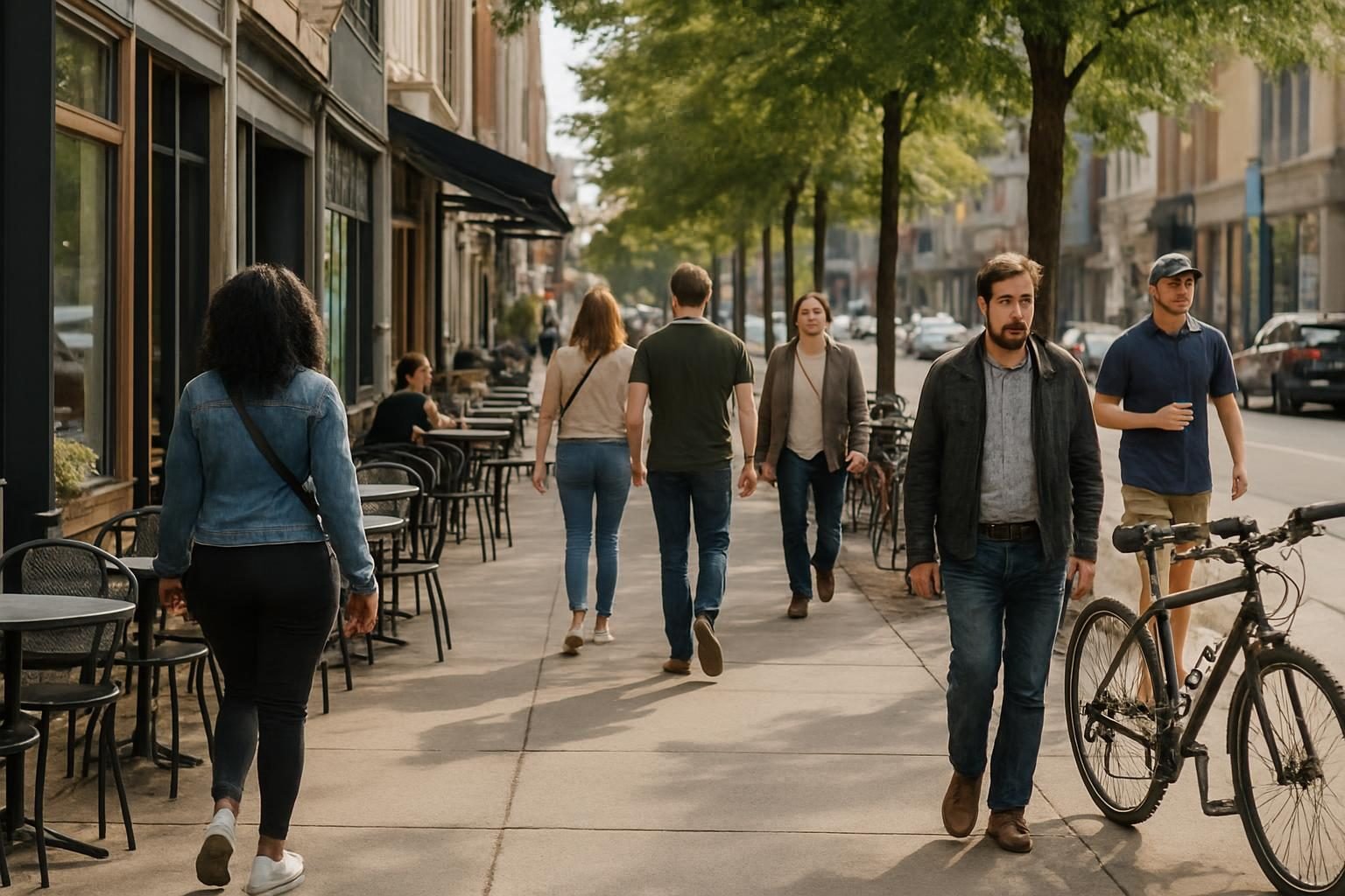 Pedestrians walking past shops and cafe tables on a busy Buffalo avenue