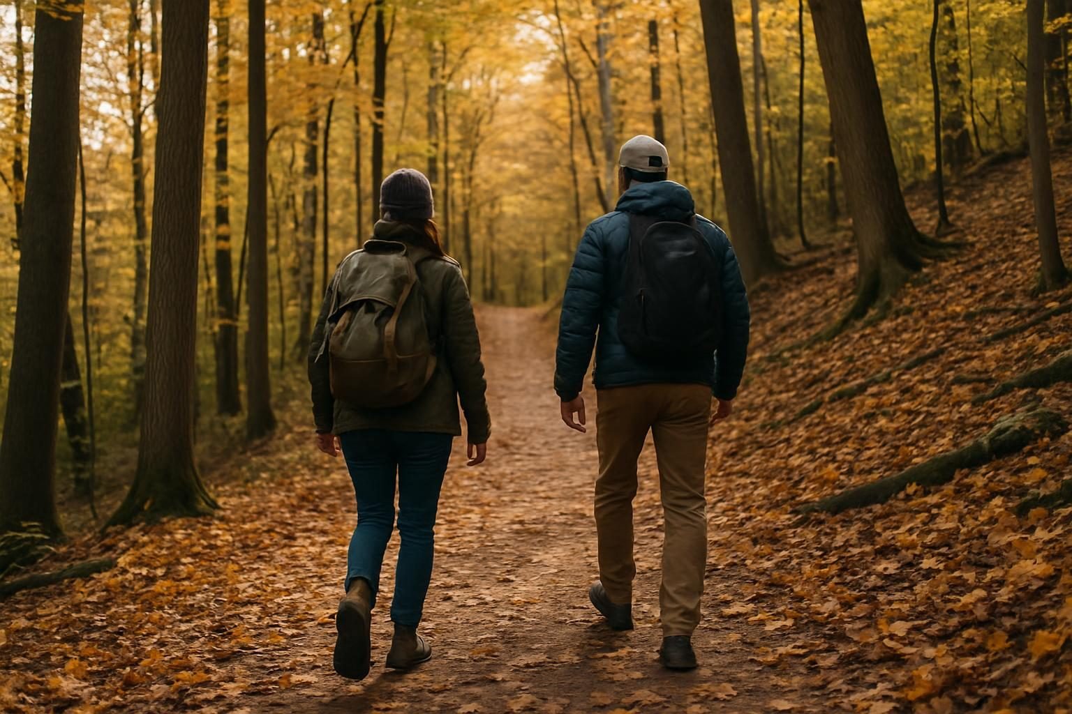 Hikers on a wooded trail in a Western New York park