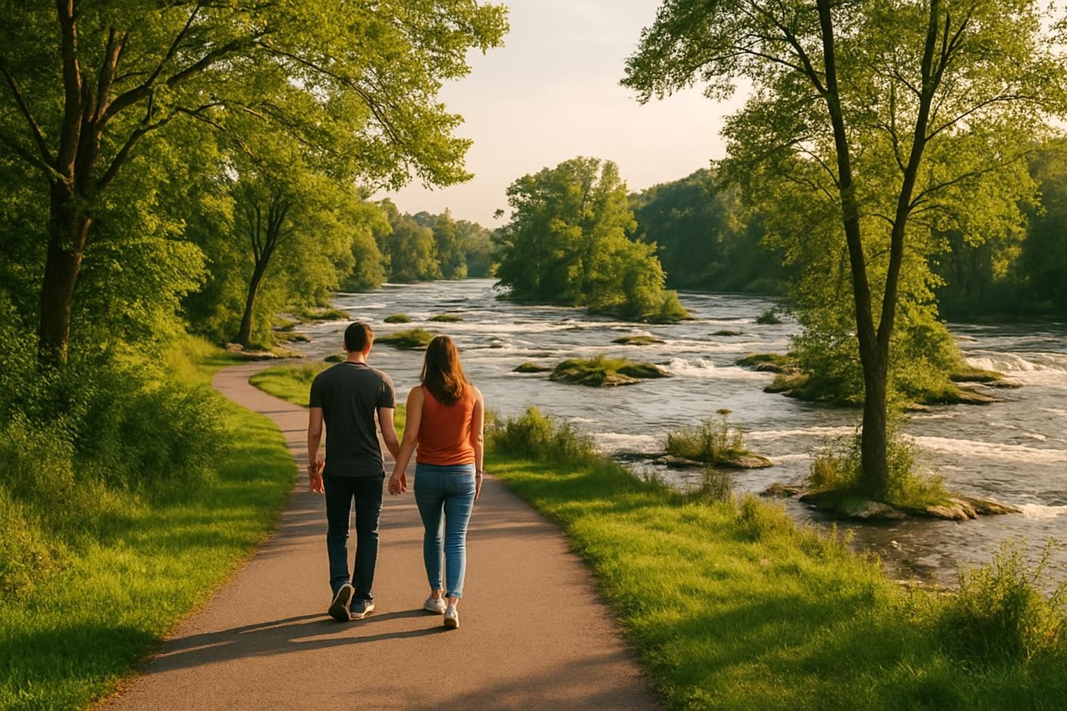 Couple walking a scenic park path beside river rapids near the falls