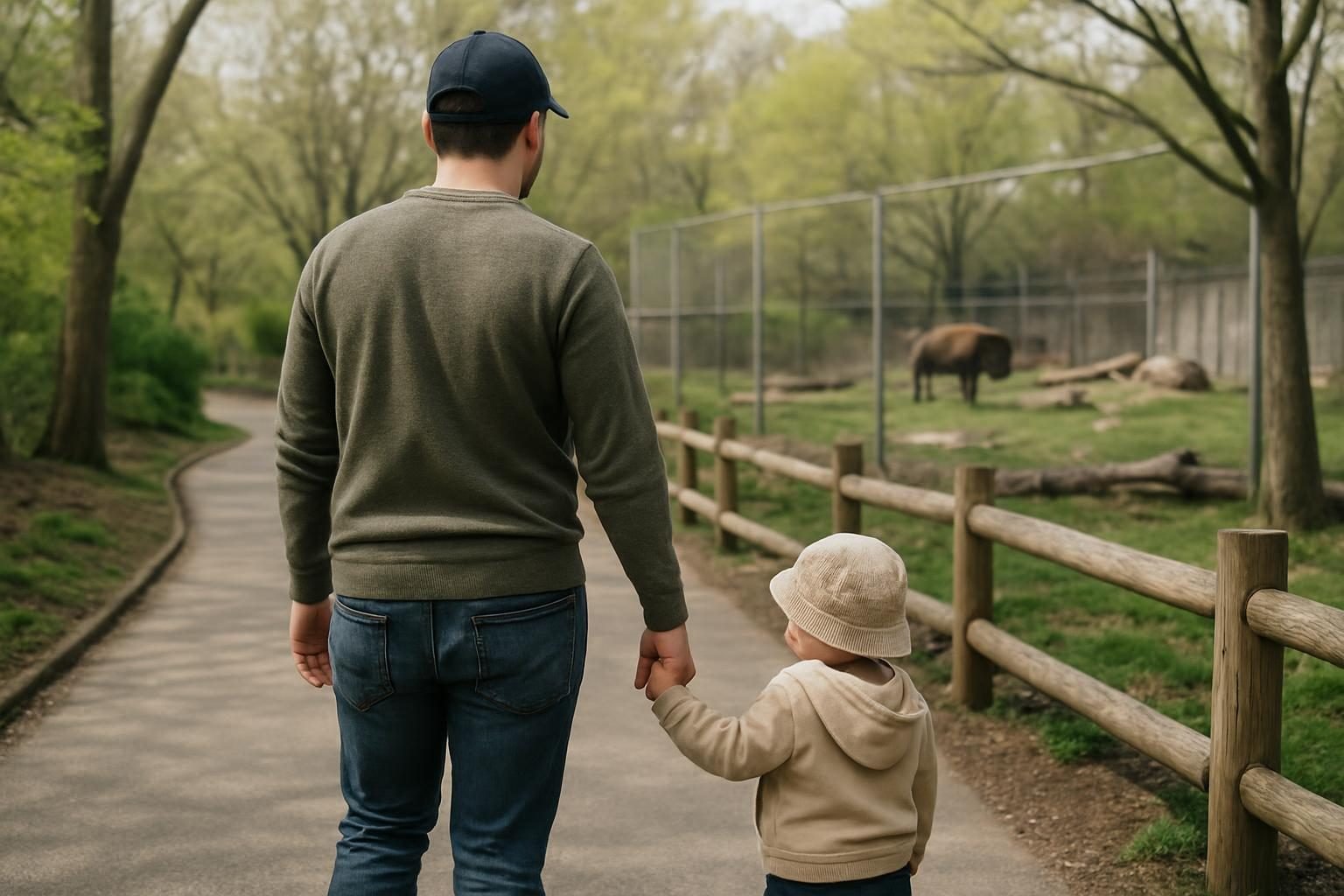 Parent and toddler looking at animals at a city zoo